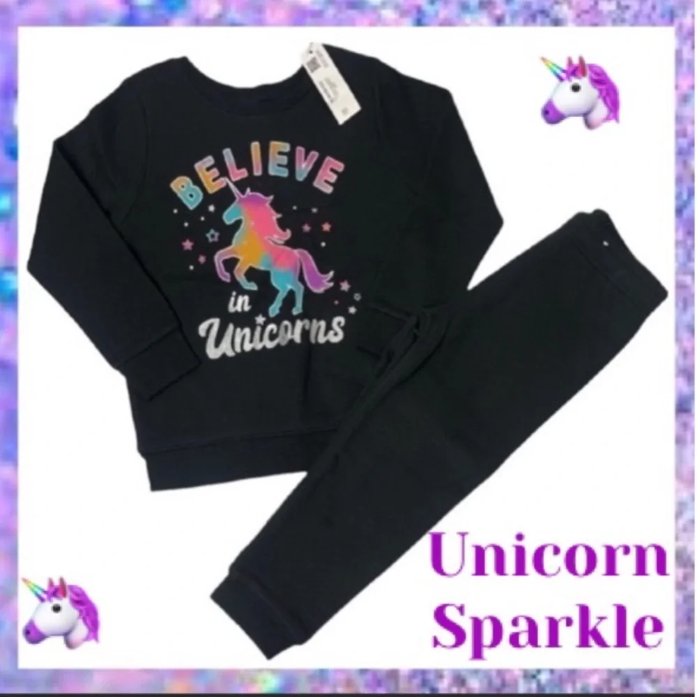 Sparkling Unicorn Sweatshirt & Sweatpants Rainbow Glitter 2 pc Girls Pants Set